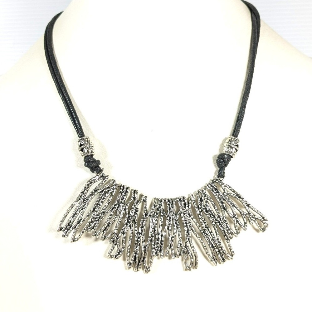 Silver Tone Branch‎ Fringe Statement Necklace Black Cord Textured 20.5"